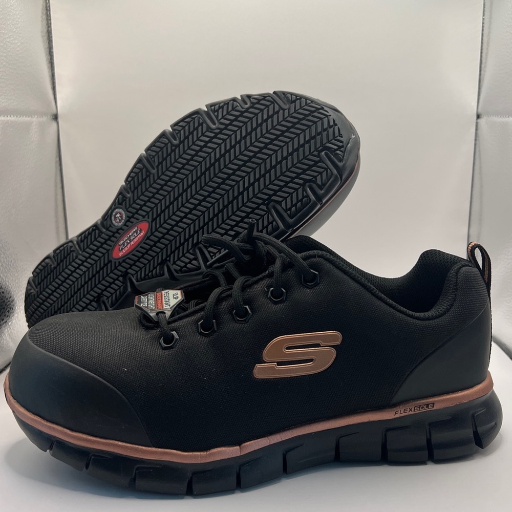 Women's Skechers Work, Sure Track - Chiton Alloy Toe Work Shoe 108025-BKRG Black